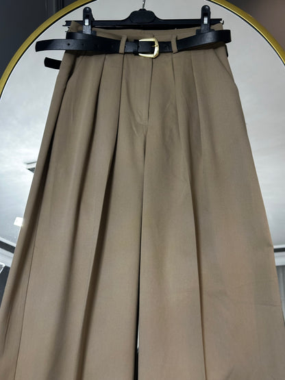 Pileli kemerli palazzo pantalon