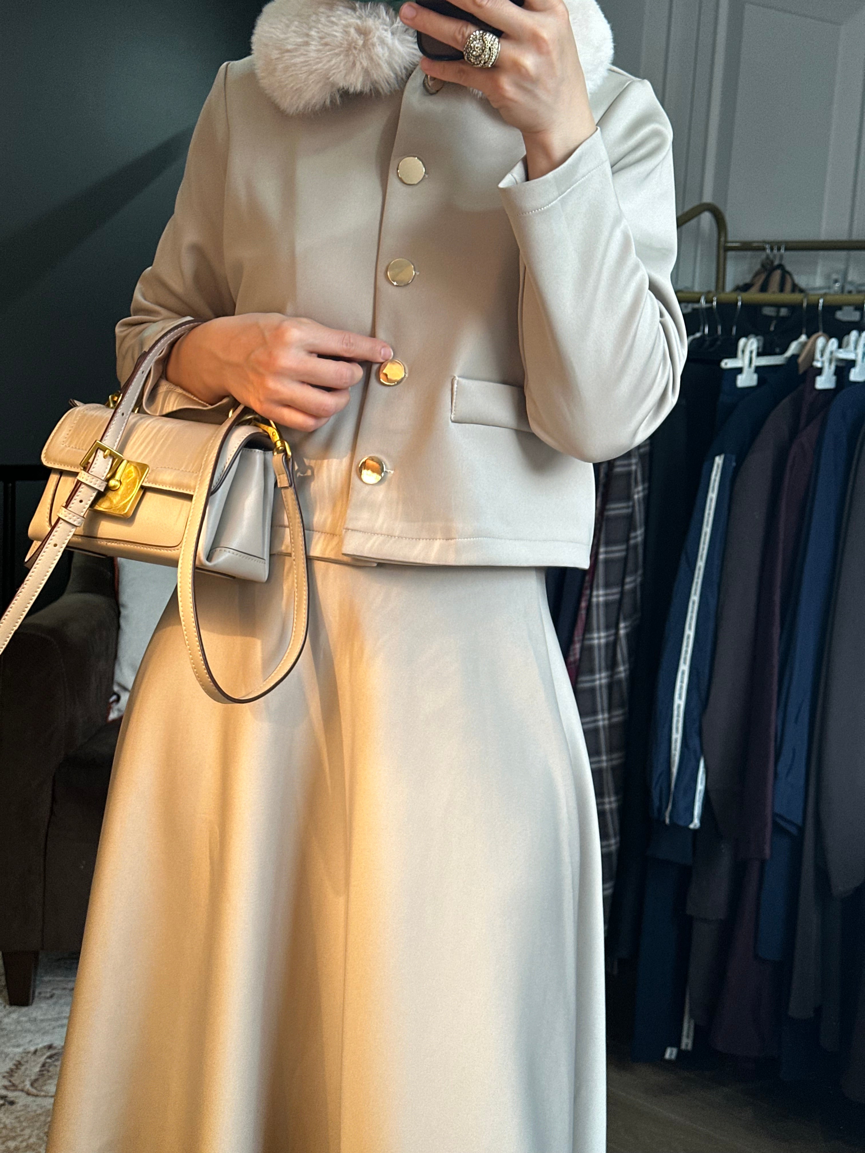 Kürk yakalı scuba etek takım